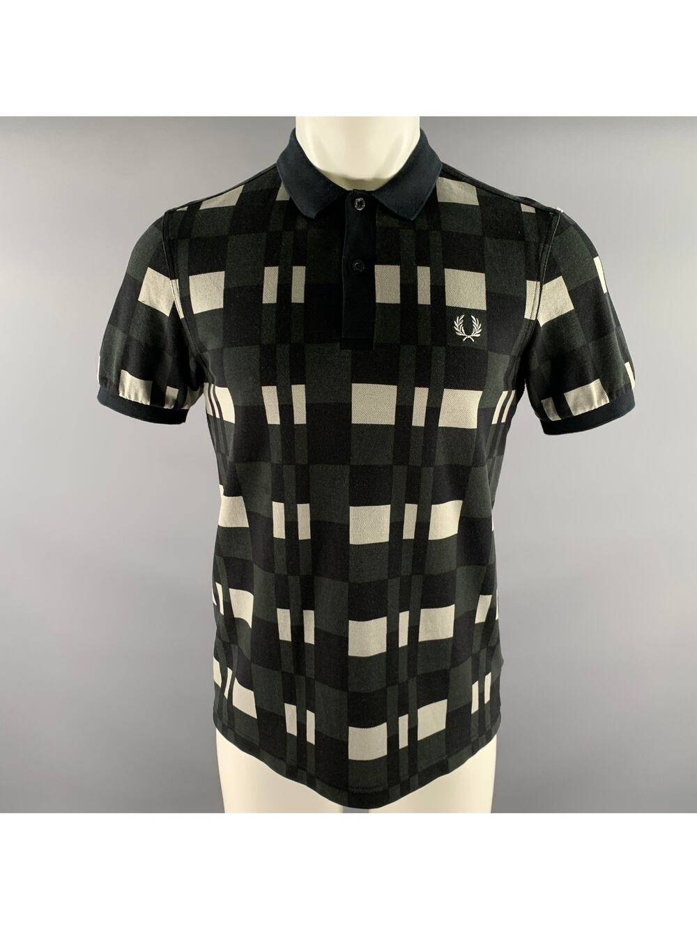 FRED PERRY Size M Black Green Grey Checkered Cotton Polo